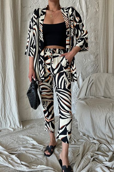 MODAGEN Women's Colorful Zebra Patterned Kimono Bottom and Top Set with Pants