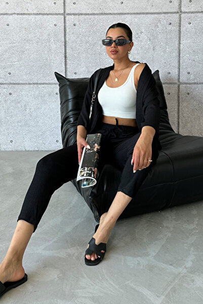 MODAGEN Kadın Siyah Kimono Alt Üst Havuç Pantolon Takım