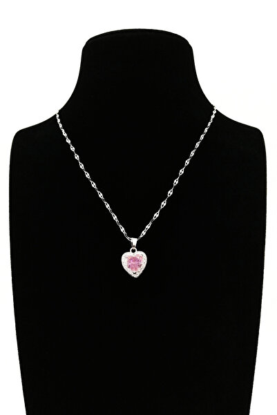 Limezon Elegant Steel Necklace - Pink Crystal and Heart Design