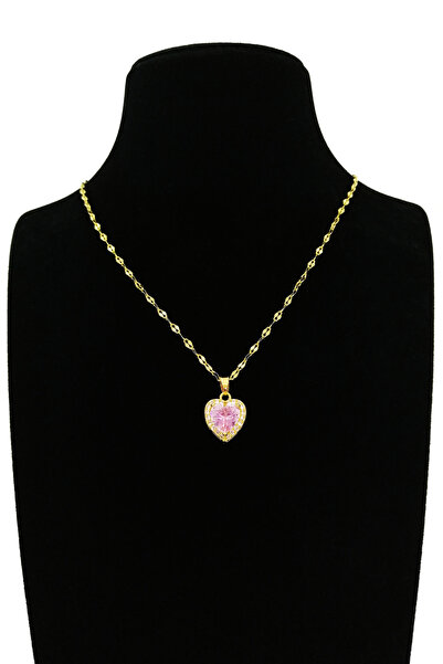 Limezon Elegant Steel Necklace - Pink Crystal and Heart Design