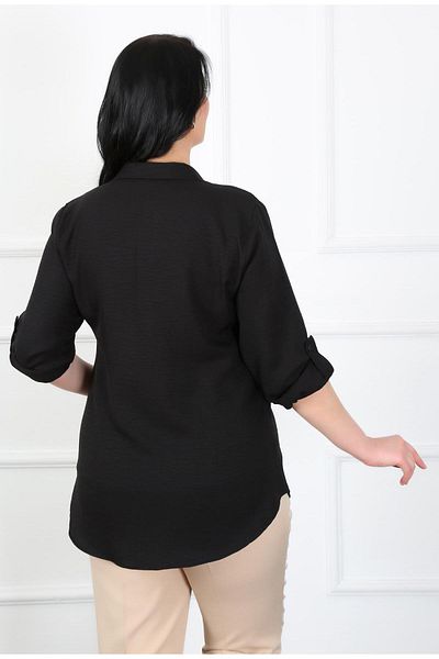 By Alba Collection Women's Black Pocketed Soft Linen Large Size Shirt
