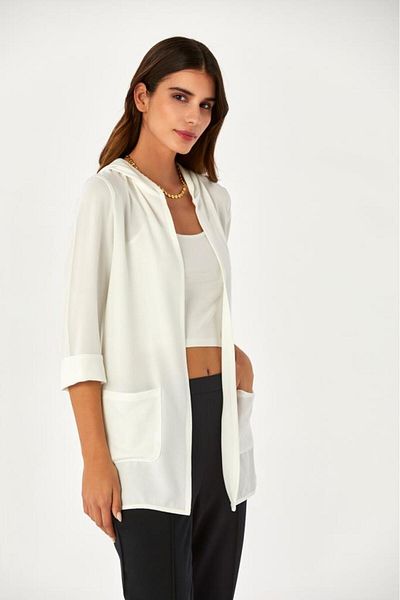 İKİLER Hooded and Pocketed 3⁄4 Sleeve Jacket 024-4400