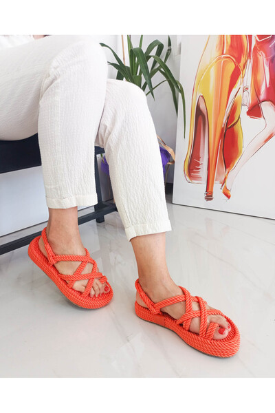 GDT Ayakkabı Sandale de damă cu frânghie cu talpă groasă de culoare portocalie