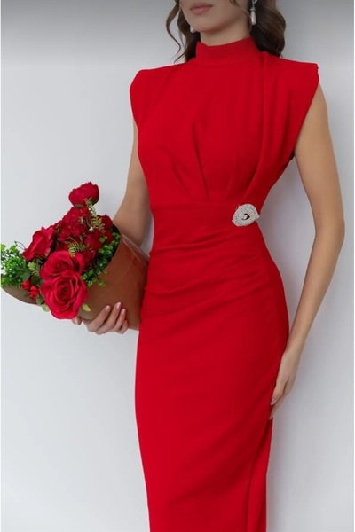 vuvutasarım NEW SEASON ELASTIC RED FABRIC BROOCHE DETAIL VATKALI MIDI LENGTH GOWN DRESS 743582934