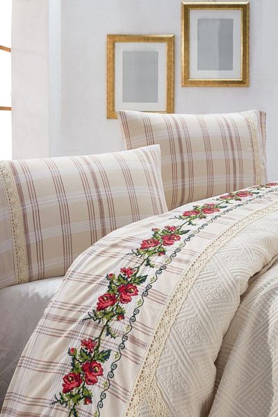 MESCHAIN Buldan Work Authentic Guipure Claret Red Striped Cross Stitch Red Embroidered Double Boxed Pique Set