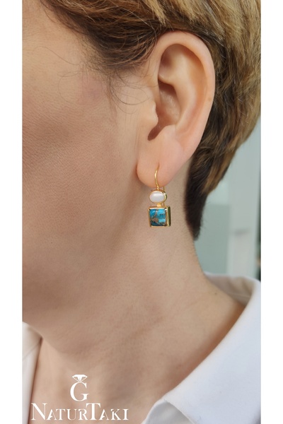 Naturtakı Turkuaz ve İncili Gümüş Küpe Modeli 24 Ayar Saf Altın Çıkmaz Kaplama Sınırlı Üretim Mücevher
