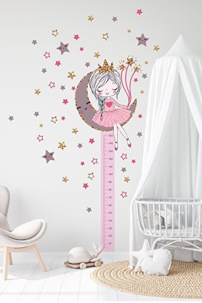 KanvasSepeti Cute Girl Sitting on the Moon Height Measurement Wall Sticker