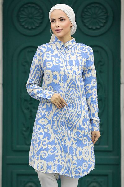 TUTveAL Collection تونيك نسائي من الفيسكوز بتصميم هندسي منقوش باللون الأزرق مقاس كبير