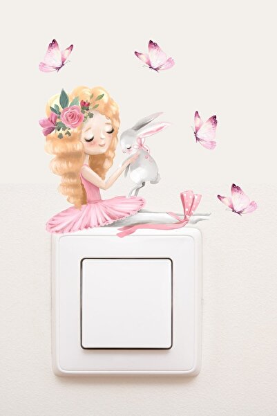 KanvasSepeti Декоративен стикер за контакт с розови пеперуди и заек в гнездото