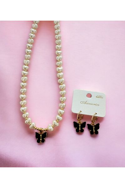 Saltos Black Butterfly Necklace and Earrings Set with Pearls Women's Necklace and Earrings Black Butterfly Necklace with Pearls Earrings Jewelry