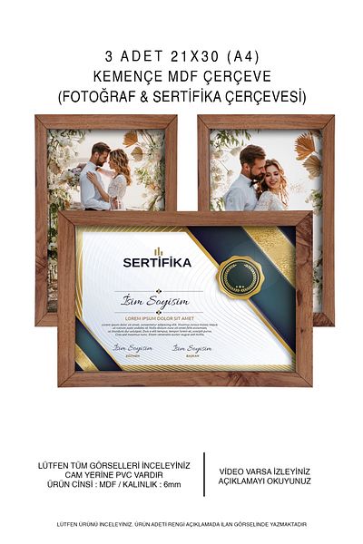 yhfoto 3 Pieces A4 Frame - Kemençe Frame - MDF 21x30 Frame - Photo & Certificate Frame