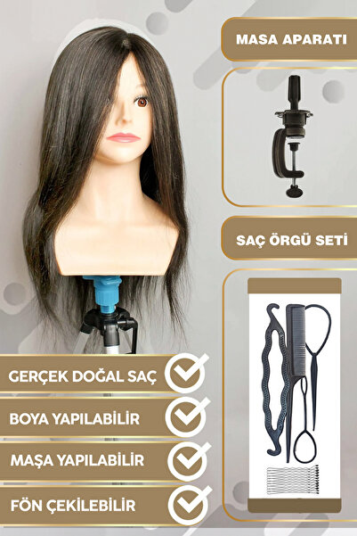KONAK PERUK Omuzlu Gerçek Saç Kuaför Eğitim Mankeni - Doğal 55 Cm