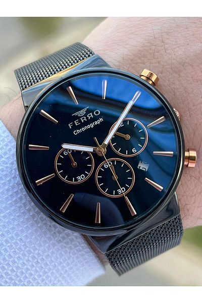 FERRO Black Straw Cord Inner Functions 30 Mt Waterproof Men's Wristwatch with Active Calendar ETM3697