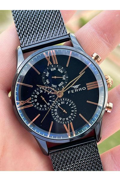FERRO Black Straw Cord Inner Functions 30 Mt Waterproof Men's Wristwatch with Active Calendar ETM1536