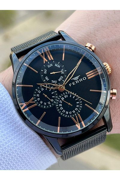 FERRO Black Straw Cord Inner Functions 30 Mt Waterproof Men's Wristwatch with Active Calendar ETM1536
