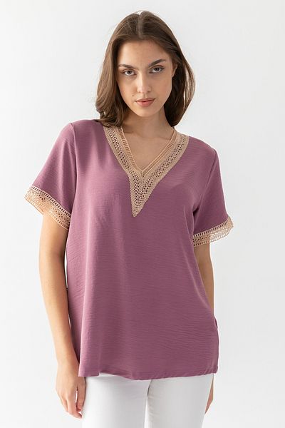 EtkiModa Γυναικεία μπλούζα Aerobin Dusty Rose με γιακά και μανίκια με κορδόνια