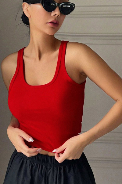 Naliru Kadın Yuvarlak Yaka Askılı Fitilli Kaşkorse Kumaş Slim Basic Askılı Crop Bluz