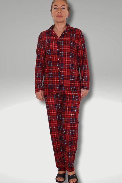 ikontarz WOMEN'S RED PLAID PAJAMAS SET WITH BUTTONS