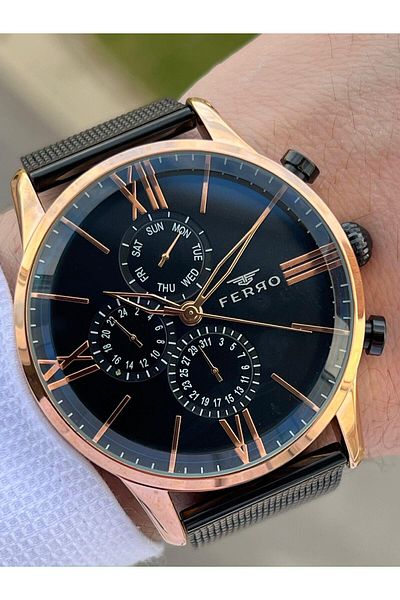 FERRO Black Straw Cord Inner Functions 30 Mt Waterproof Men's Wristwatch with Active Calendar ETM9C60