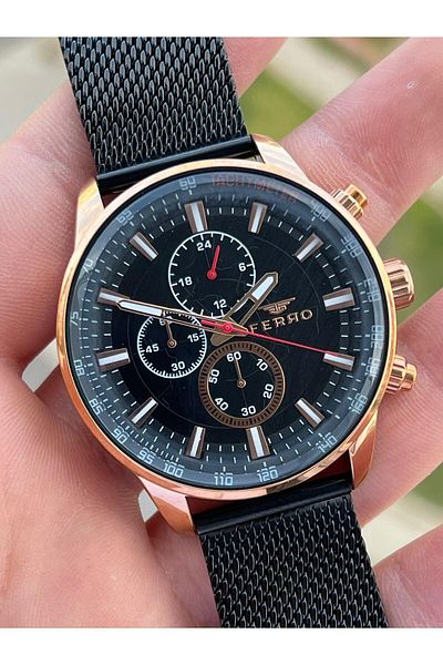 FERRO Black Straw Cord Inner Functions 30 Mt Waterproof Men's Wristwatch with Active Calendar ETM3856R