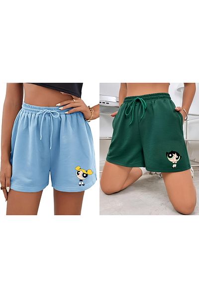 NewCabin Pantaloni scurți din 2 piese cu imprimeu Buttercup și Bubbles, pieptănați, sezon nou