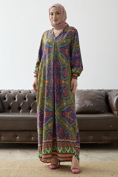 InStyle Judge Collar Ethnic Pattern Φόρεμα Viscose - Πορτοκαλί