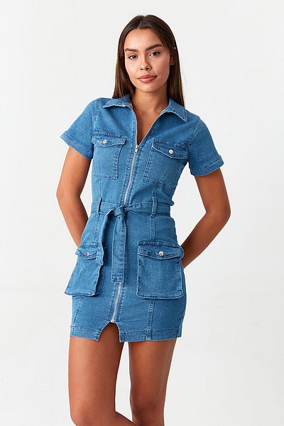 Select Moda Rochie de damă albastră din denim cu curea în talie