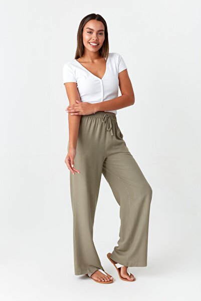 Select Moda Γυναικείο παντελόνι με ελαστική μέση χακί με φαρδύ πόδι