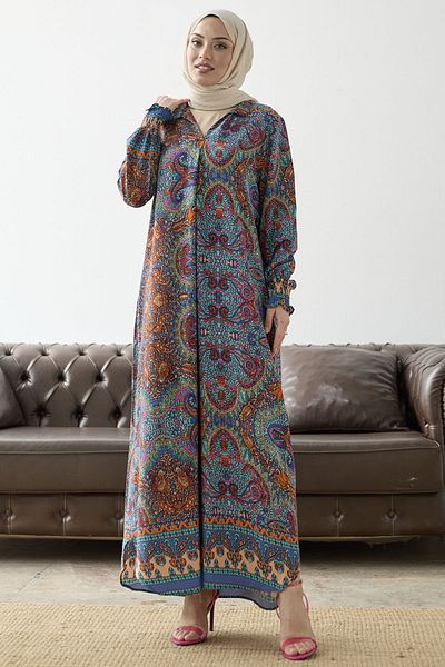 InStyle Judge Collar Ethnic Pattern Viscose Dress - Blue