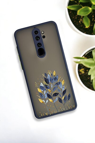 mooodcase Xiaomi Redmi Note 8 Pro Uyumlu Mavi Yaprak Desenli Buzlu Şeffaf Lüx Telefon Kılıfı