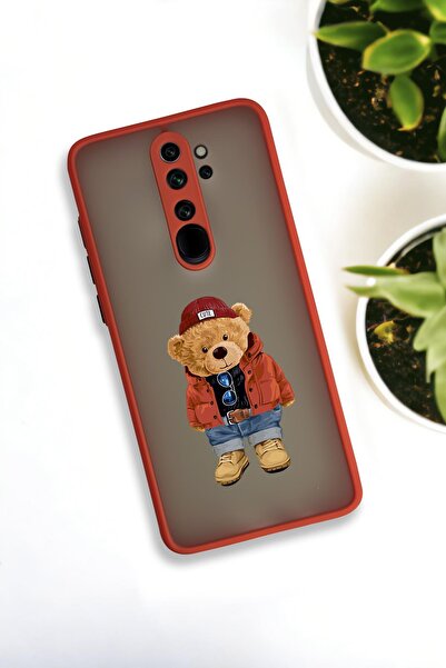 mooodcase Xiaomi Redmi Note 8 Pro Uyumlu Teddy Bear Desenli Buzlu Şeffaf Lüx Telefon Kılıfı