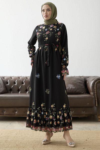 InStyle Φόρεμα σιφόν με κορδόνι στον αστράγαλο - Μαύρο