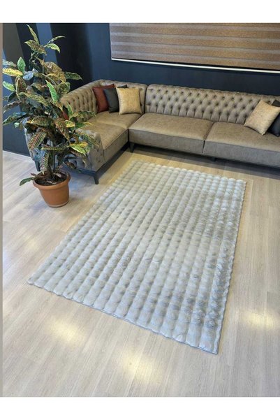 Anatolian Carpet Store Bubble Yuvarlak Gri Tavşan Tüyü Kaymaz Taban Peluş Halı