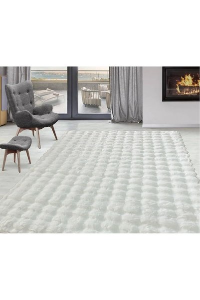 Anatolian Carpet Store Bubble Yuvarlak Beyaz Tavşan Tüyü Kaymaz Taban  Peluş Halı