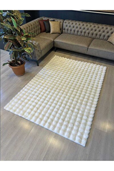 Anatolian Carpet Store Bubble Beyaz Tavşan Tüyü Kaymaz Taban Kesme Peluş Halı