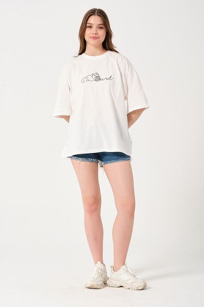Owut Collection Μπλουζάκι Unisex Ecru Crew Neck Cat με λεπτομέρεια με στάμπα oversize