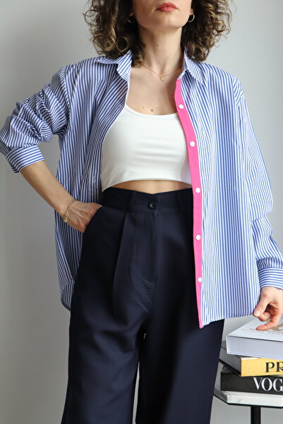 Öykü Gülşen Cămașă roz-albastră cu dungi - Detaliu cu dungi