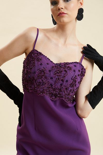 VERDA Thin Strap Embroidery and Bead Detailed Evening Dress