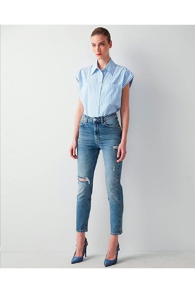 NEWLAKER Slim Straight Fit İndigo Yırtmaçlı Jean Pantolon