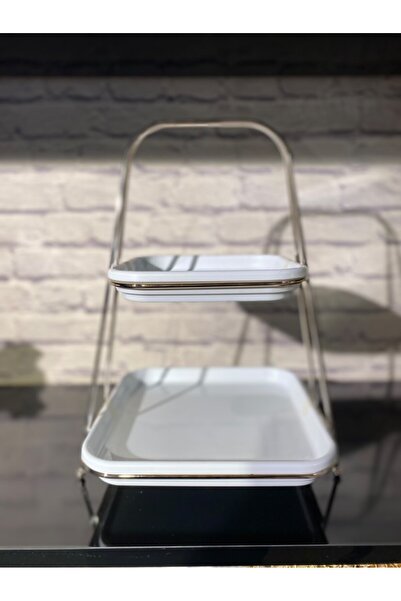 E&M HOME HEDİYELİK İKİ KATLI SUNUMLUK SÜS 2 Lİ TABAK METAL ÇEVRE AKSESUAR