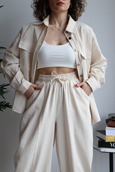 Öykü Gülşen طقم كتان بيج فاخر 100% - طقم قميص وبنطلون