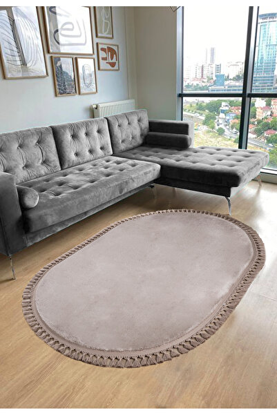 Valery Home Vl Oval Comfort Ponpon Saçaklı Peluş Post Halı Kahverengi Halı
