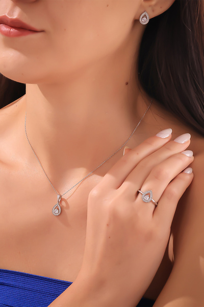 Miavi Silver 925 Ayar Gümüş Rodyum Damla Kolye Küpe Yüzük Takı Seti