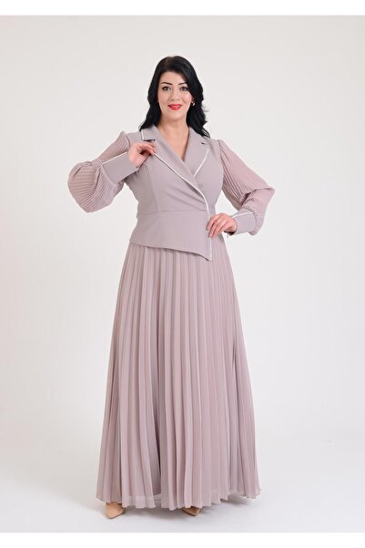 SpringStore Vizon Sim Şeritli Eteği Piliseli Büyük Beden Abiye Elbise