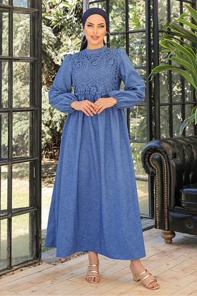 Bestenur Lacy Linen Dress 773 - Indigo