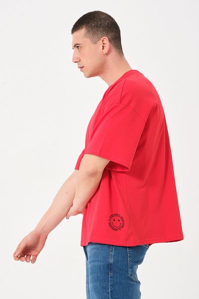 Owut Collection Men's Red Crew Neck Smile Print Detailed Oversize T-shirt