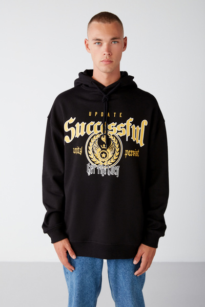 GRIMELANGE Černá pánská mikina Persısted s potiskem a kapucí s fleecem uvnitř