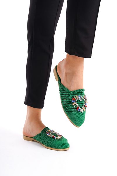 Moda Değirmeni Papuci de femei verzi din dantelă cu piatră colorată BG1163-122-0002