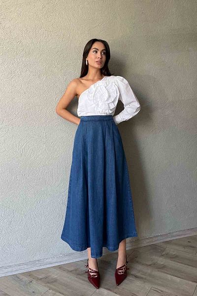 Seda Yalçın Atelier Blue Flared Midi Jeans Skirt