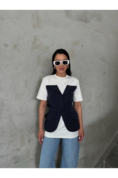 Laluvia Marineblau-weiß gestreifte Bluse mit Gürteldetail